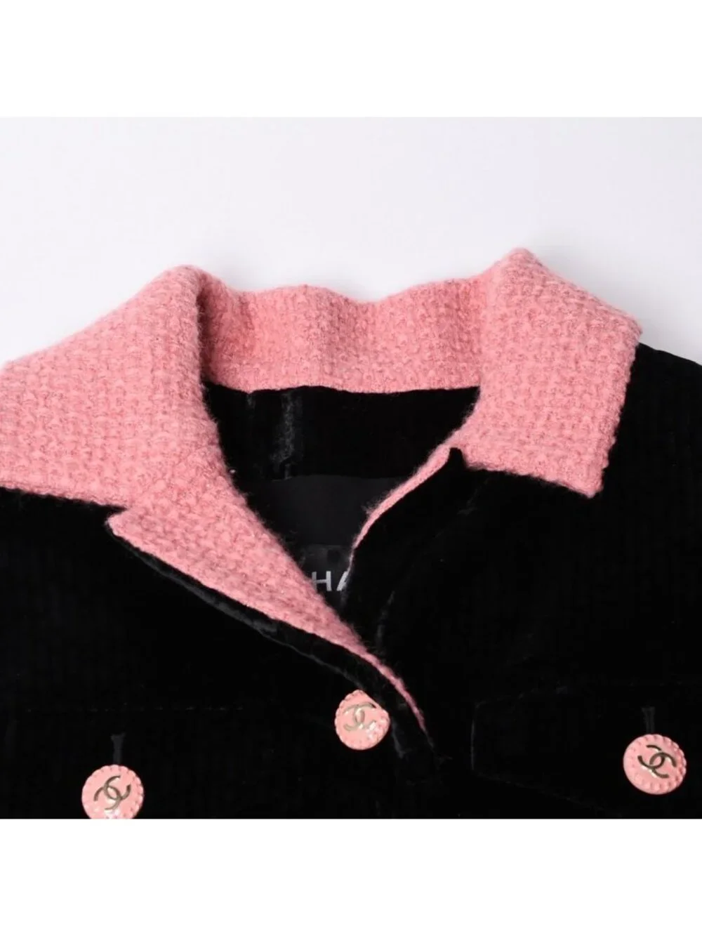 Chanel Long Coat CC Logo Corduroy Tweed Black Pink 36